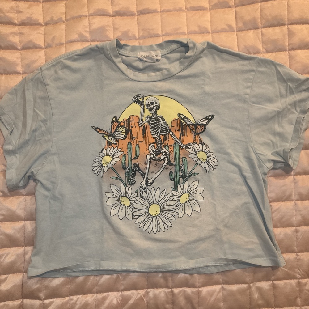 Graphic Skeleton and Floral Crop Top - Light Blue